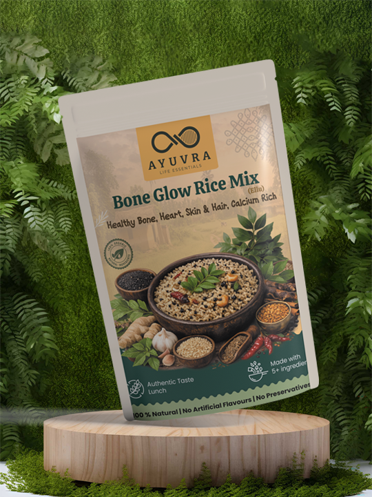 Ayuvra Bone Glow Rice Mix package on a wooden stand with greenery in the background