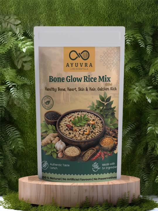 Ayuvra Bone Glow Rice Mix package on a wooden stand with green foliage background