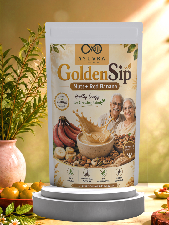 Ayuvra Golden Sip package with a background of fruits and plants