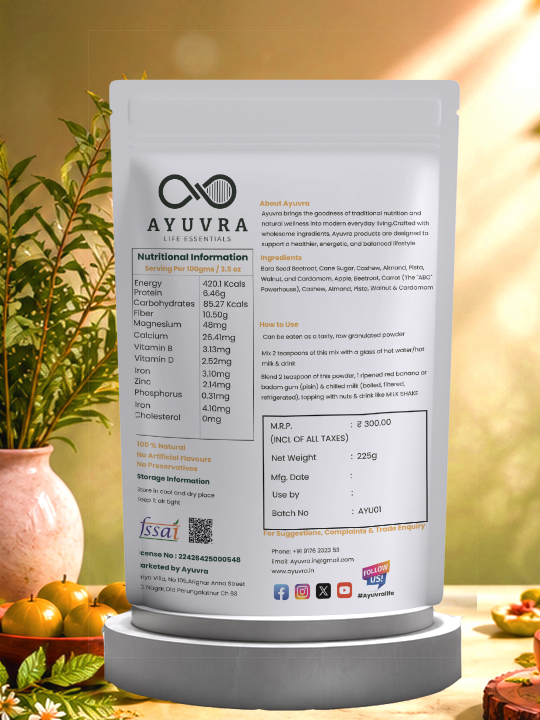 Ayuvra golden sip Gray container with nutritional information label on a blurred natural background