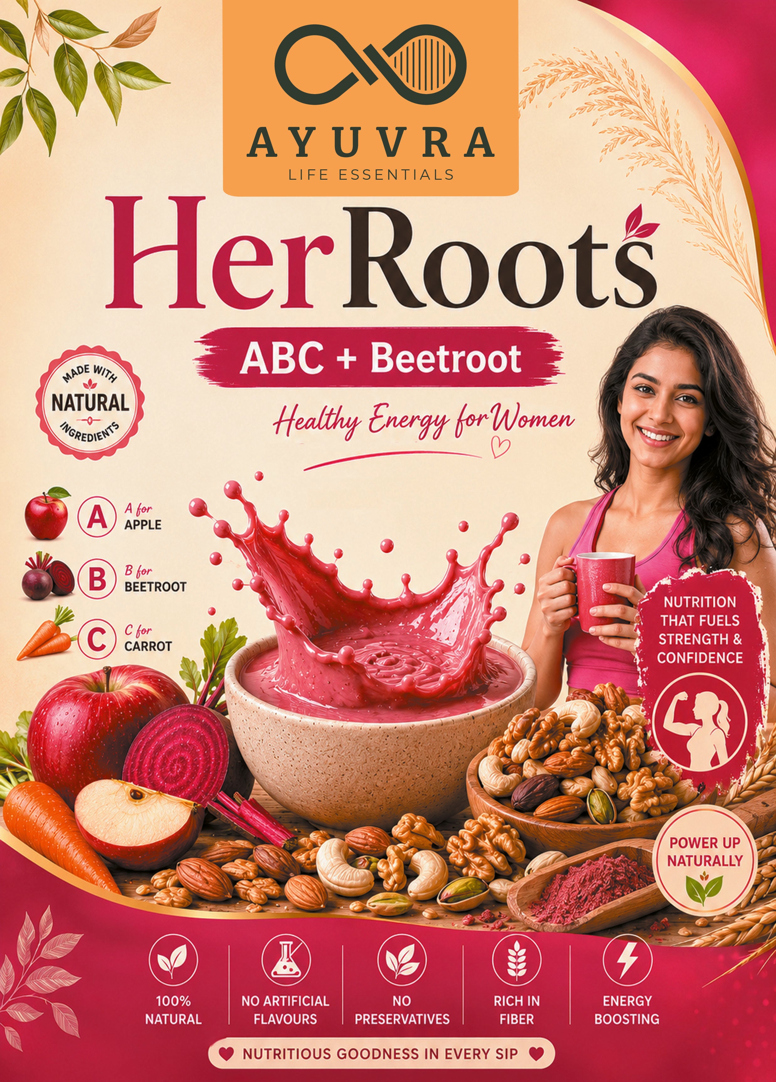 Ayuvra Her Roots ABC + Beetroot health product packaging with a woman holding a glass of juice.