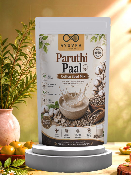 Ayuvra Paruthi Paal Cotton Seed Mix packaging on a stand with a natural background