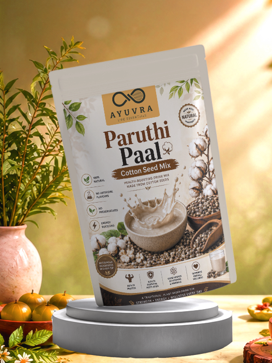 Ayuvra Paruthi Paal Cotton Seed Mix packaging on a stand with a blurred natural background