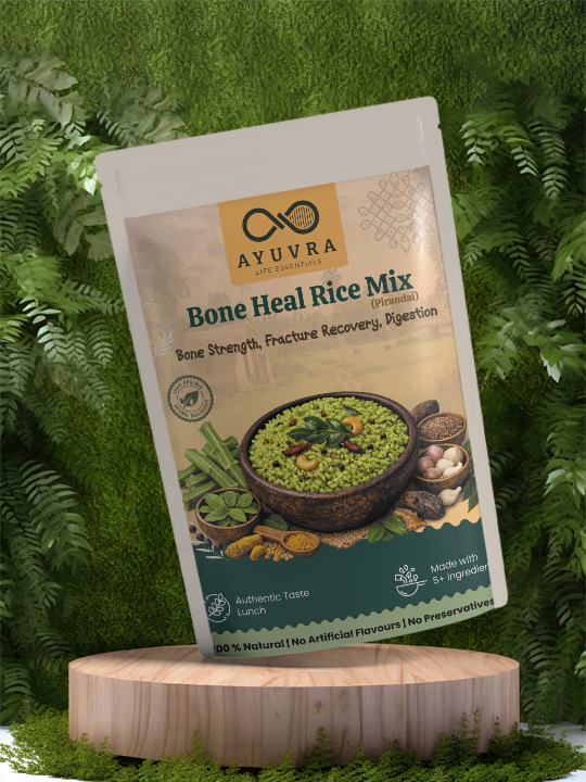 Ayuvra Bone Heal Rice Mix packaging on a green leafy background