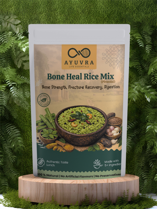 Ayuvra Bone Heal Rice Mix packaging with greenery in the background