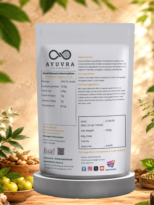Ayuvra fiber root dosa mix  packaging with nutritional information on a wooden background with plants.
