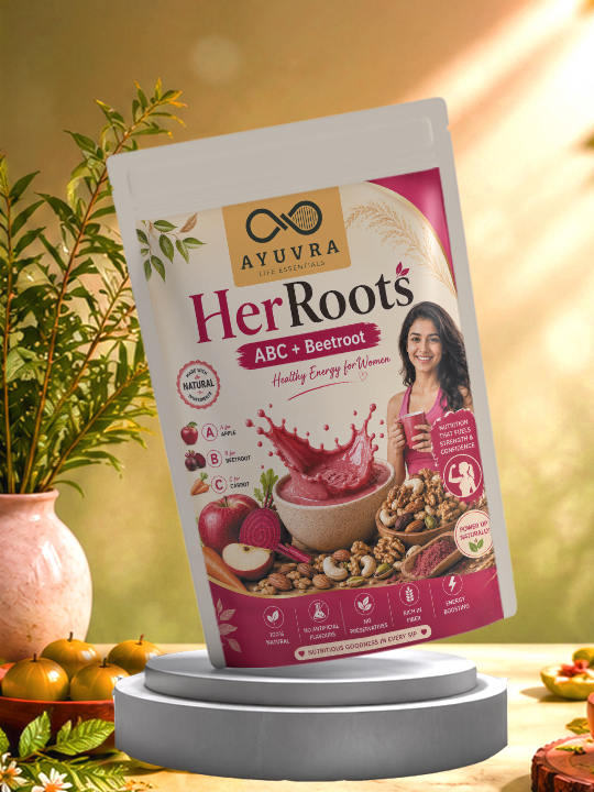 Ayuvra HerRoots ABC & Beetroot package on a stand with a blurred natural background