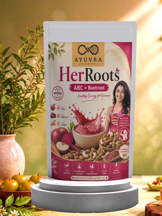 Ayuvra Her Roots ABC + Beetroot health supplement packaging on a stand with a blurred natural background