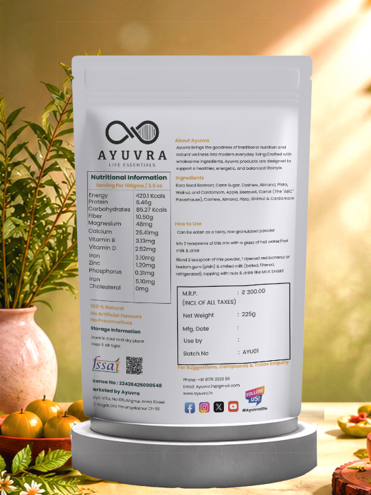 Ayuvra Hreroots ABC Health drink container with nutritional information on a blurred natural background