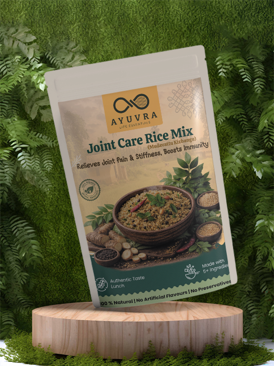 Ayuvra Joint Care Rice Mix package on a wooden stand with green foliage background
