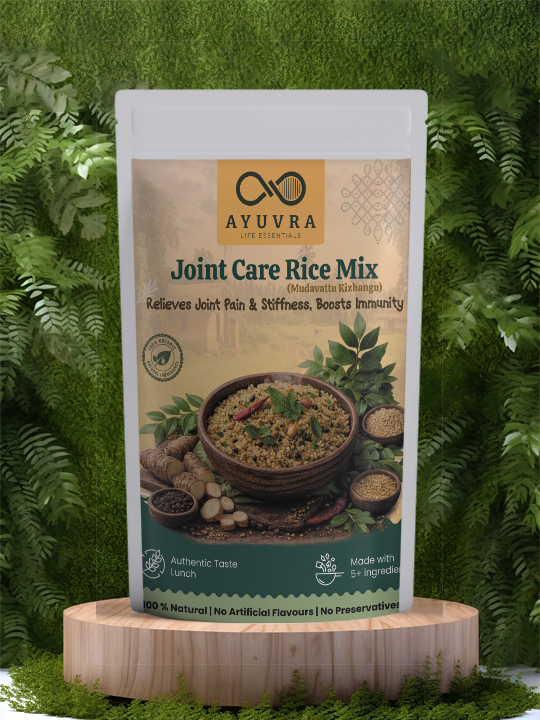 Ayuvra Joint Care Rice Mix package on a wooden stand with green foliage background