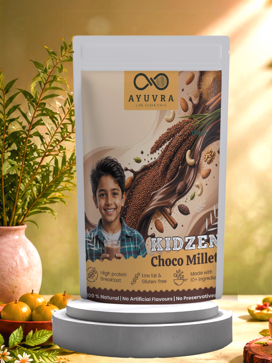 Ayuvra Kidzen Choco Milled product packaging with a child's face on it, set against a blurred natural background.