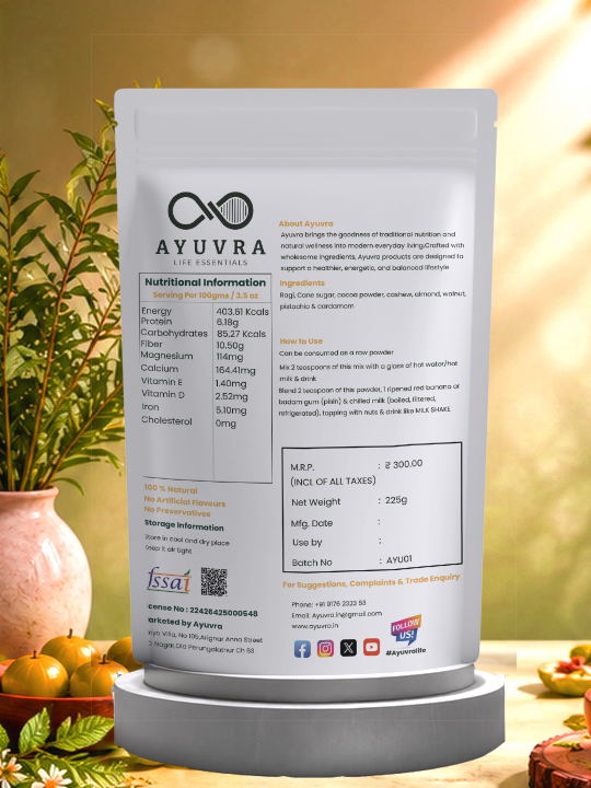 Ayuvra KidZen Health drink container with nutritional information on a blurred natural background