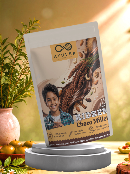 Ayuvra Kidzen Choco Millet package on a pedestal with a natural background