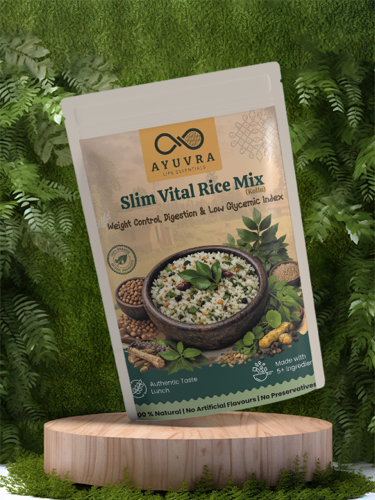 Ayuvra Slim Vital Rice Mix package on a wooden stand with green foliage background