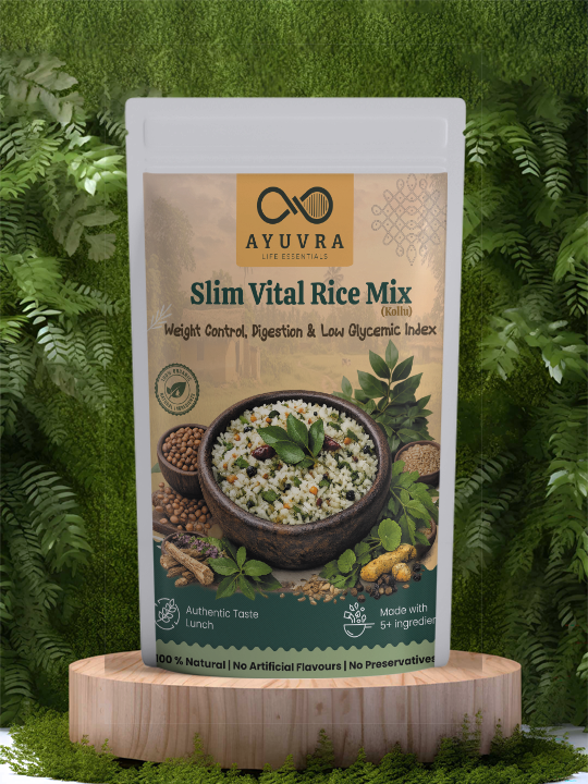 Ayuvra Slim Vital Rice Mix package on a wooden stand with green foliage background