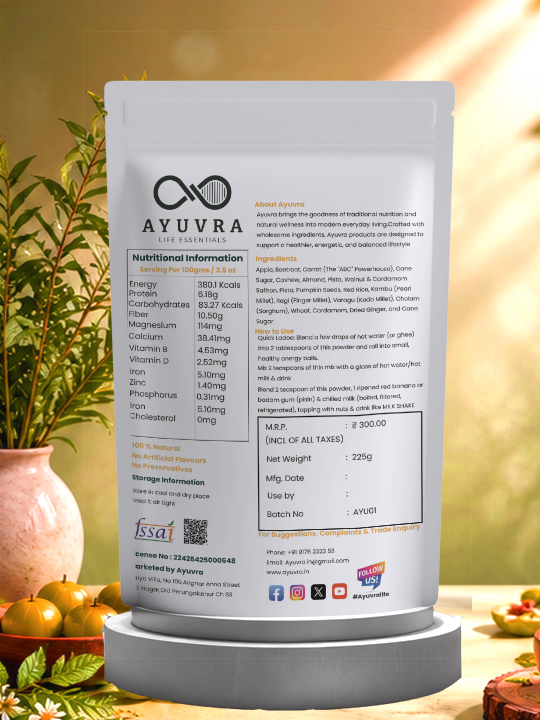 Ayuvra Sun Sip Health Drink container with nutritional information on a blurred natural background