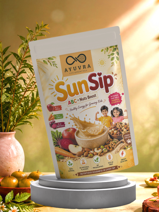 Ayuvra SunSip ABC+ Nut Boost package on a stand with a natural background
