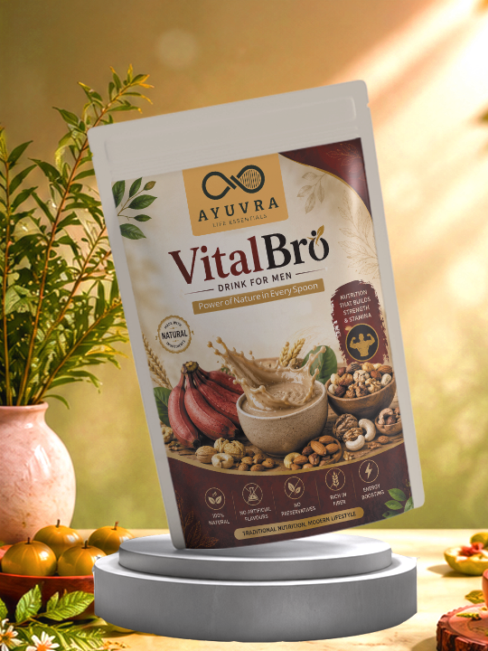 Ayuvra VitalBro package on a stand with a natural background