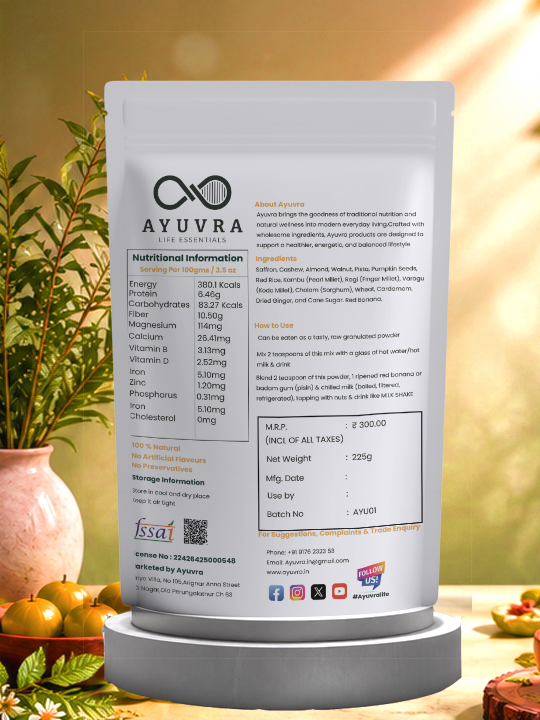 Ayuvra Vital Bro Health Drink container with nutritional information on a blurred natural background
