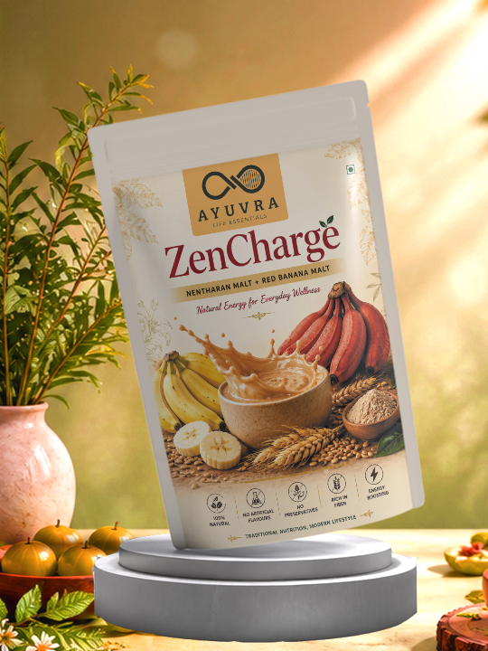 Ayuvra ZenCharge package with bananas and a bowl on a natural background