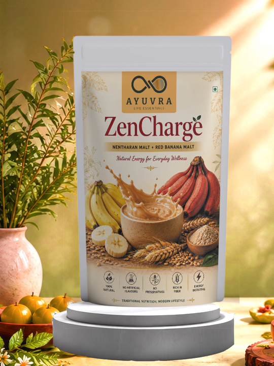 Ayuvra ZenCharge product packaging with bananas and other ingredients on a decorative stand.
